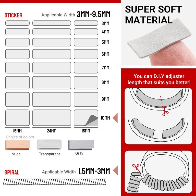 Omilly Ring Sizers for Loose Rings, 144-Pack 16 Sizes 6 Sheets, Invisible Ring Guards & Size Adjusters for Men & Women (Transparent, Grey, Nude) - Image 4